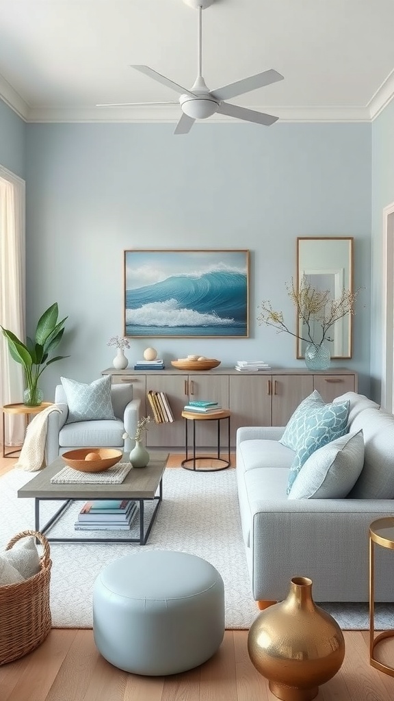 A coastal chic living room featuring soft blue walls, modern furniture, and ocean-inspired decor.