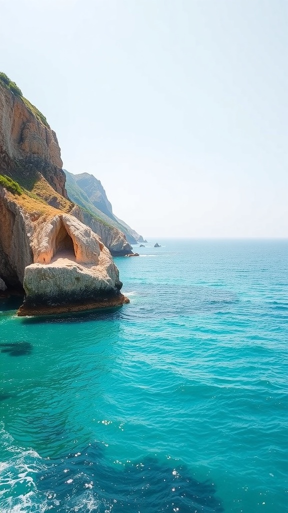 A scenic view of coastal cliffs beside turquoise waters under a clear sky.