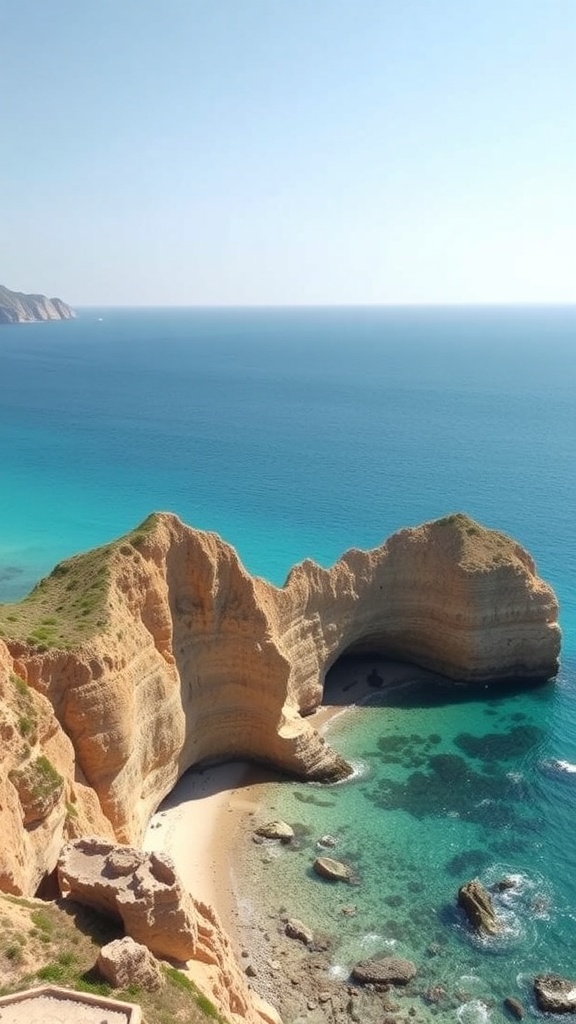 Coastal cliffs overlooking turquoise waters with a sandy beach