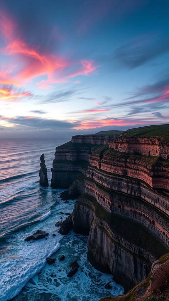 A breathtaking view of coastal cliffs at dusk with vibrant sunset colors.