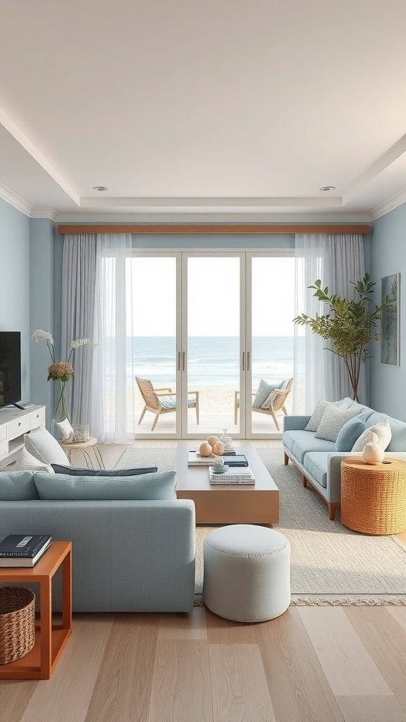 A cozy living room with coastal color palettes featuring soft blues and natural textures, overlooking the beach.