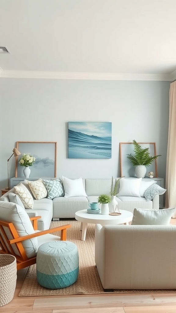 A cozy living room with coastal color palettes featuring soft blues, whites, and natural textures.