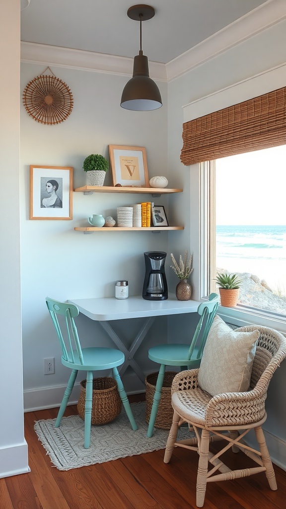 A cozy coffee nook with light blue walls, a small table, and beachy decor.