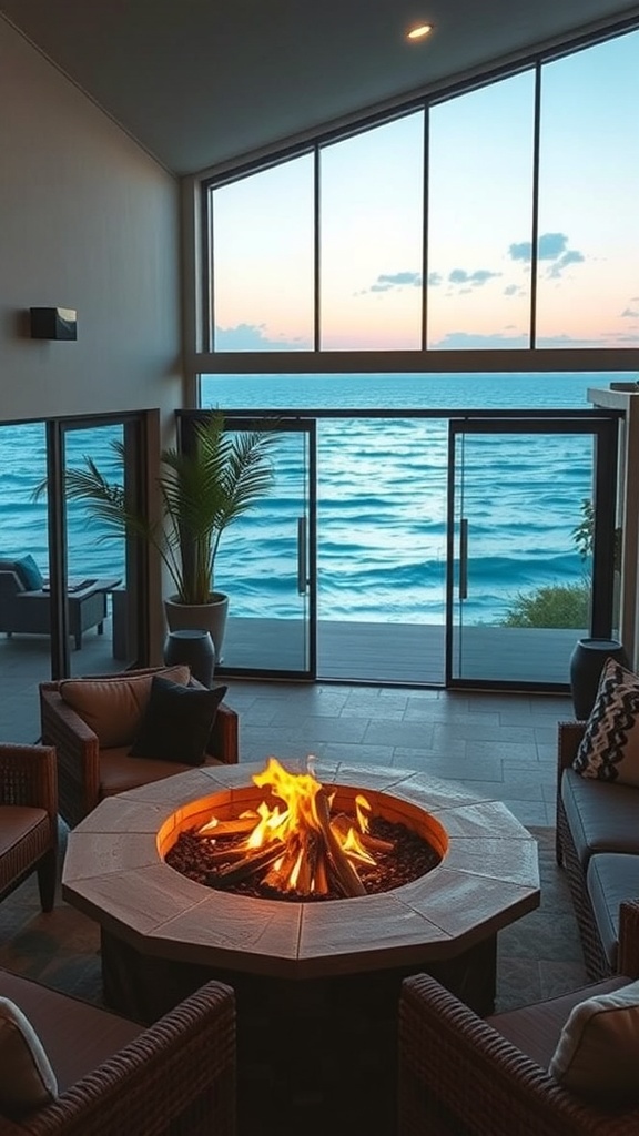A cozy coastal fire pit with flames, surrounded by seating and a view of the ocean.