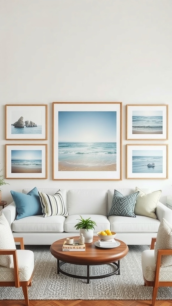 A coastal gallery wall with ocean-themed art above a white sofa, featuring various framed pictures of beaches and waves.