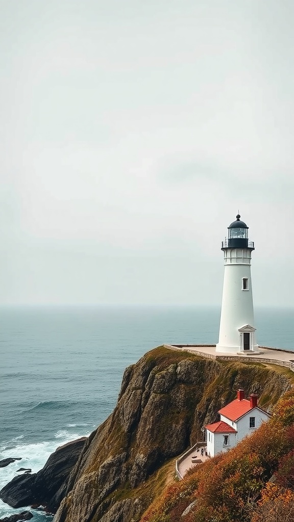 A coastal lighthouse standing on a cliff overlooking the ocean, surrounded by greenery and colorful flowers.