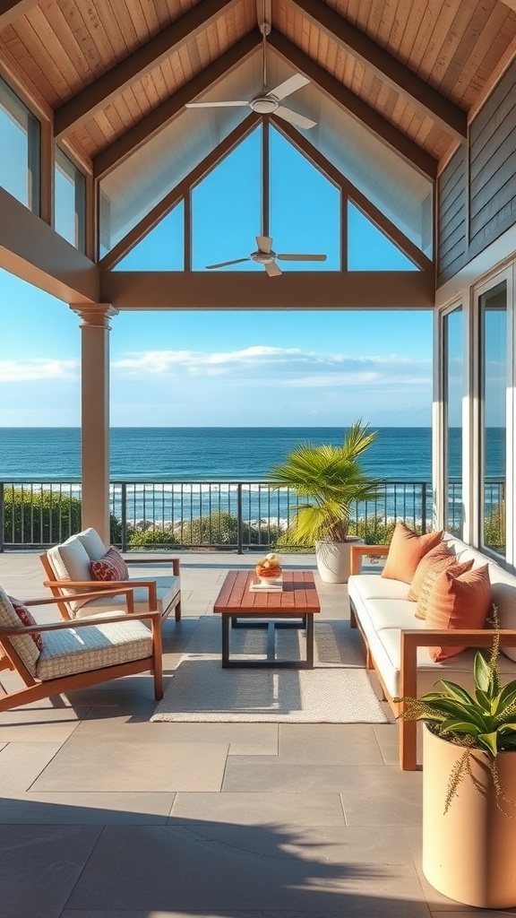 A coastal outdoor space with a view of the ocean, featuring comfortable seating and tropical plants.