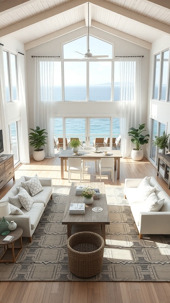 Bright and airy coastal living and dining room with large windows, white sofas, and a wooden dining table.