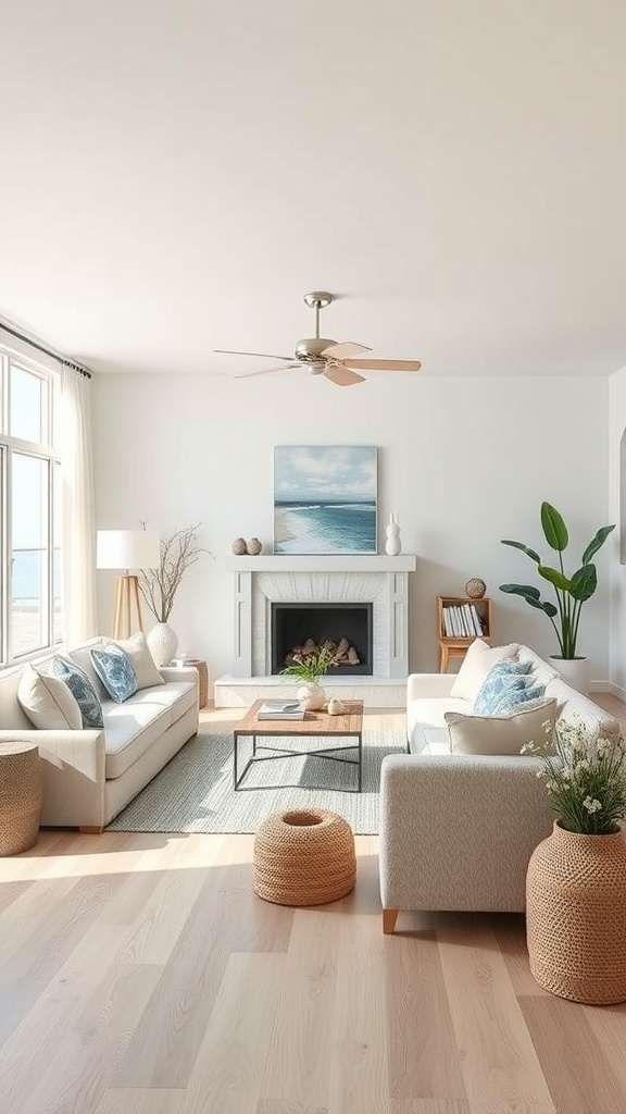 A bright and airy coastal living room featuring light-colored sofas, a wooden coffee table, and ocean-themed decor.