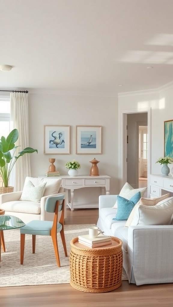 Coastal living room and dining room combo with soft colors and modern decor