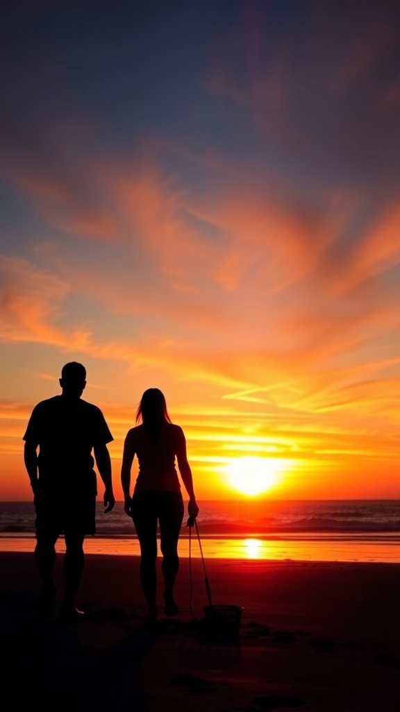Silhouetted figures walking on the beach during a colorful sunset