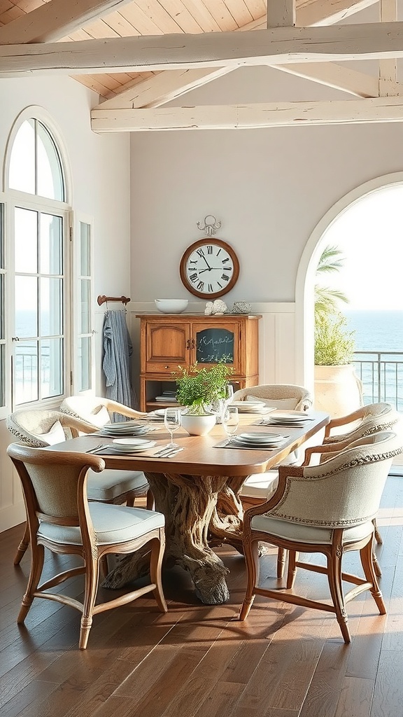 A coastal dining area featuring a wooden table with driftwood legs and elegant chairs, surrounded by large windows showcasing a sea view.
