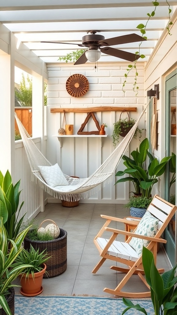A cozy patio featuring a white hammock, green plants, and wooden furniture, creating a coastal vibe.
