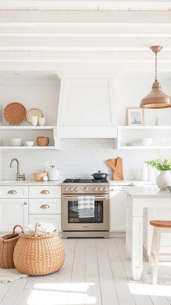 A bright, airy kitchen featuring white cabinetry, a copper pendant light, and woven baskets.