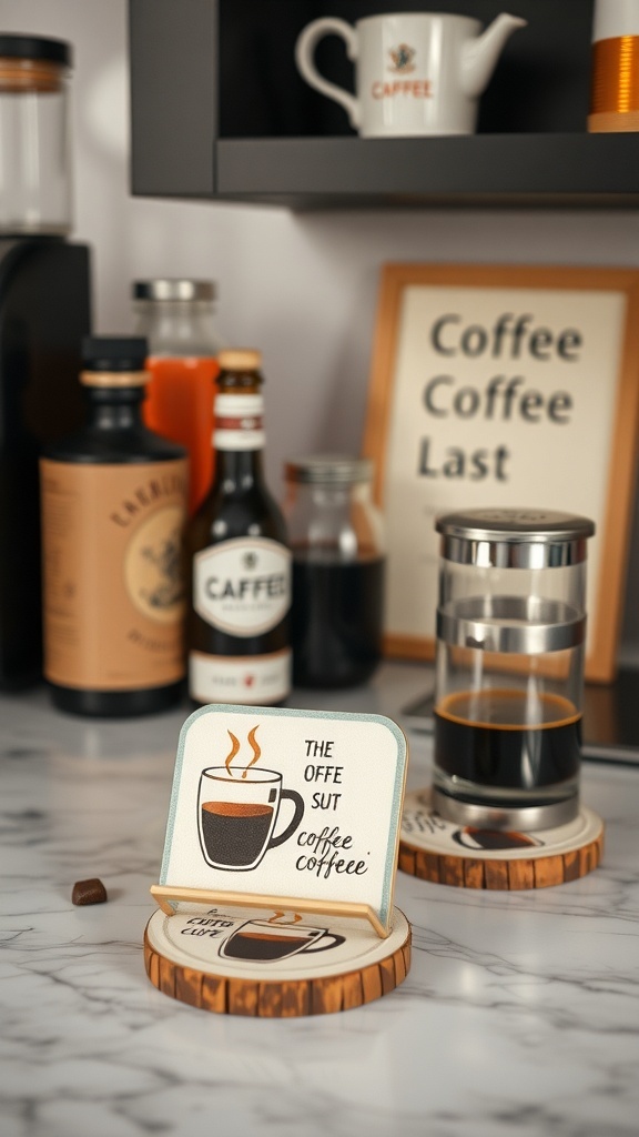 Coffee-themed coasters on a marble countertop with coffee accessories in the background.