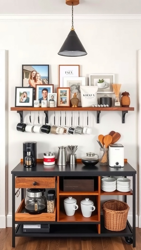 A stylish coffee bar setup with personal touches, including family photos, coffee supplies, and decorative items.