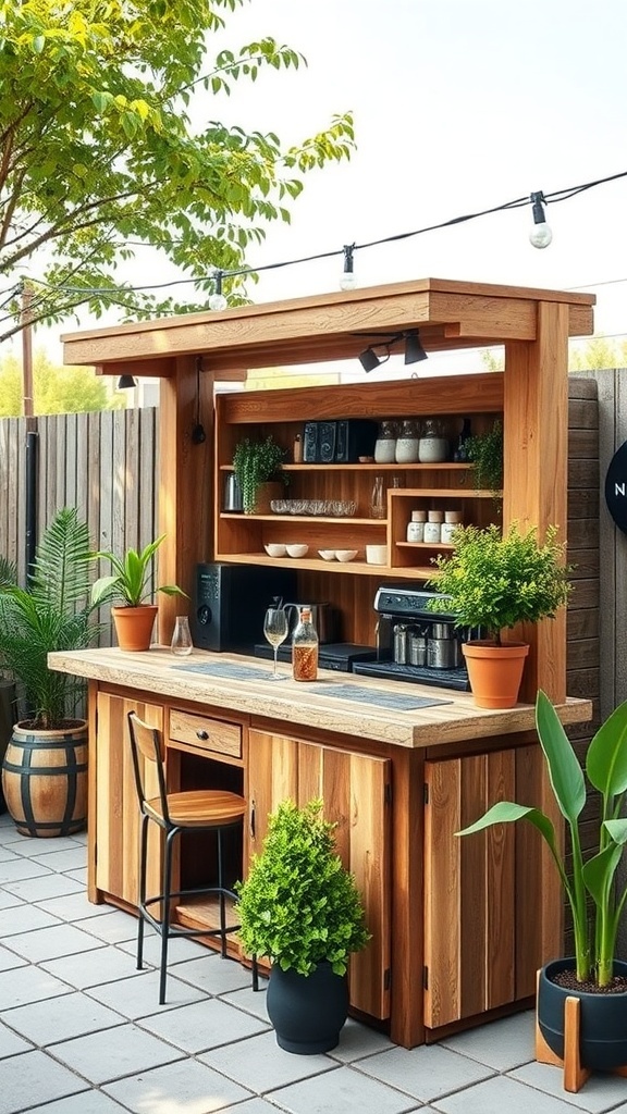 A wooden coffee bar made from recycled materials, featuring potted plants and a cozy outdoor setting.
