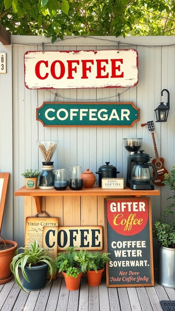 Outdoor coffee bar decorated with vintage signs and potted plants