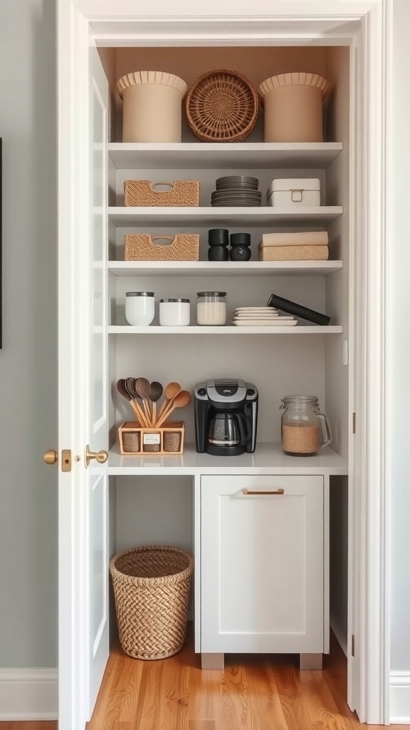 A neatly organized closet coffee station with shelves containing baskets, plates, and a coffee maker.