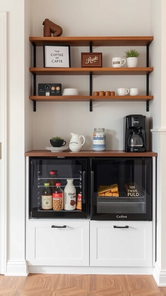 A stylish coffee station featuring a mini fridge, wooden countertop, and open shelves with coffee essentials.
