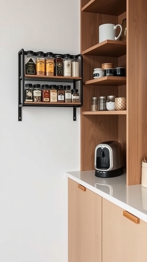 A coffee station featuring a spice rack with various jars, a coffee maker, and organized shelves.
