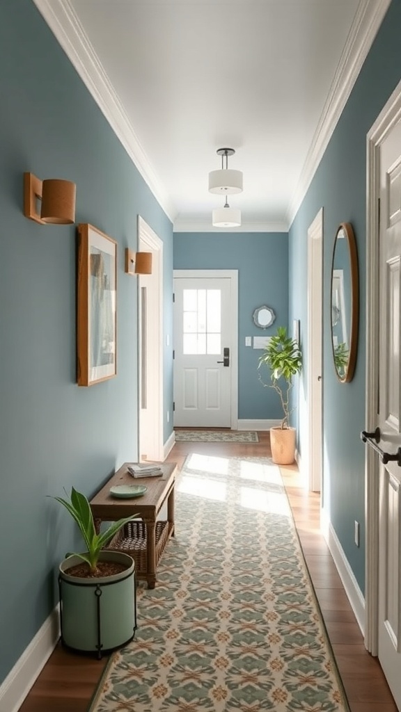 A hallway with blue walls, wooden accents, and a patterned rug, featuring plants and wall art.