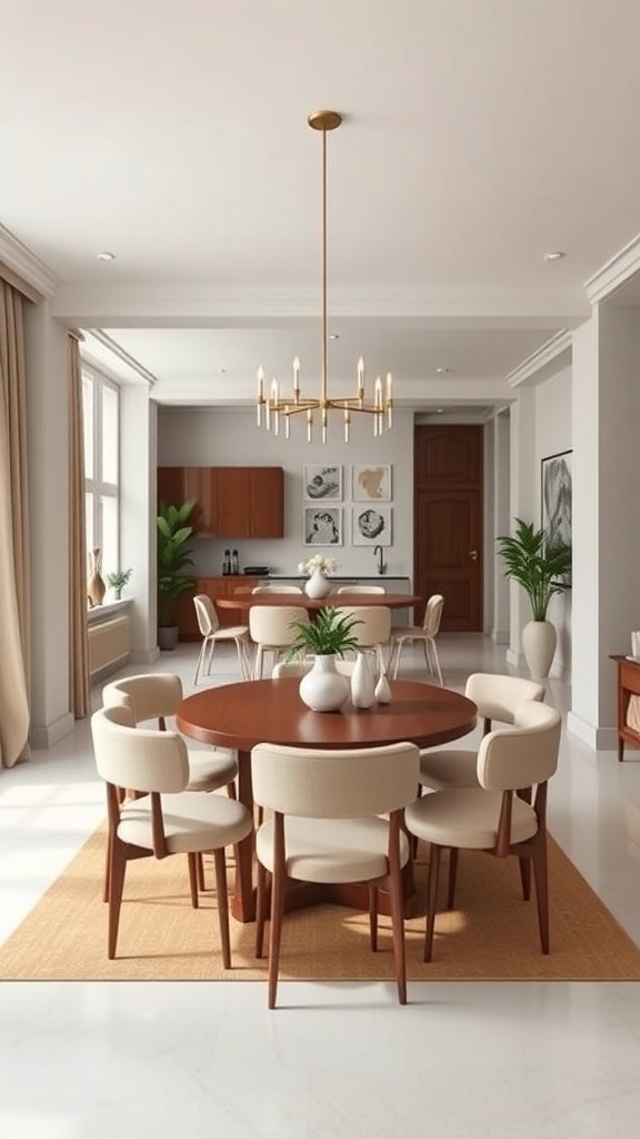 A cozy living and dining room with a round wooden table, light-colored chairs, and warm neutral tones.