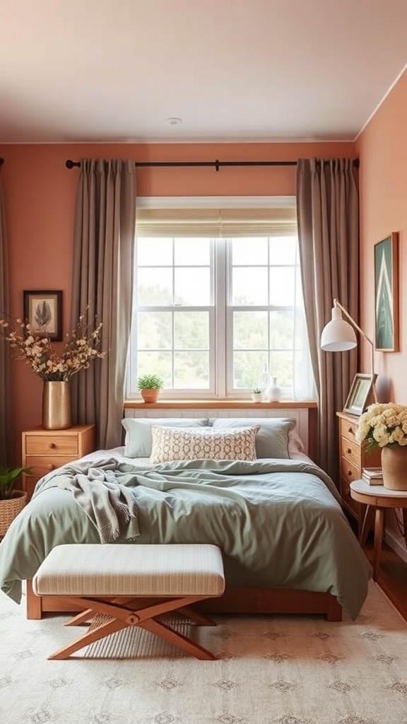 Cozy bedroom with peach walls and green bedding, featuring natural wood furniture and floral decor.