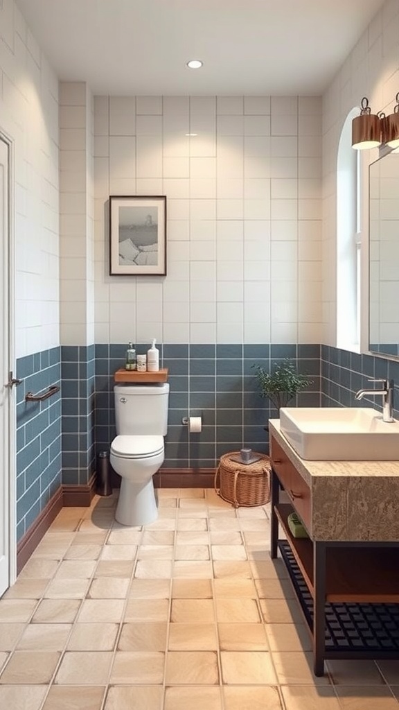 A modern bathroom with white and blue tile walls, earthy tile flooring, and natural decor.