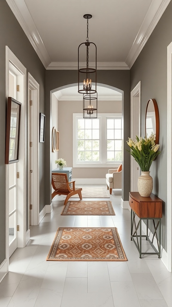 Stylish entryway with gray walls, light fixtures, and decorative rugs.