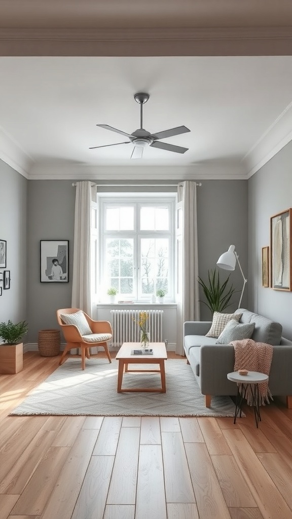 A cozy Scandinavian living room featuring gray walls, a gray sofa, an orange accent chair, wooden furniture, and natural light.