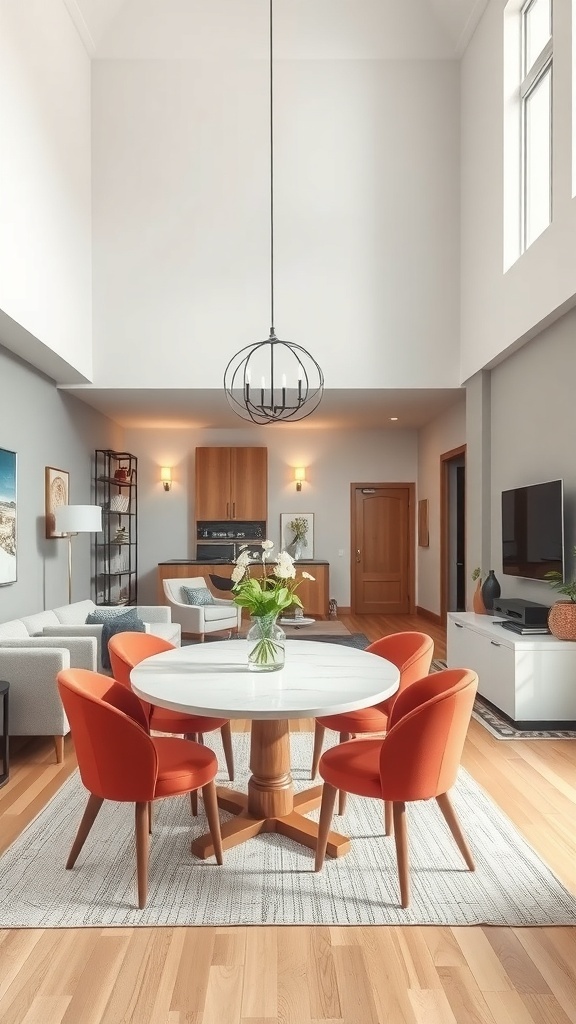 Open concept living and dining room with a round marble table and orange chairs