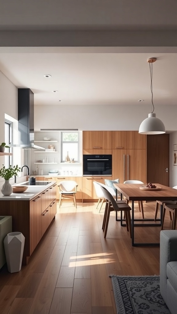 A modern Scandinavian kitchen with an open-concept layout featuring wooden cabinetry, a dining table, and large windows.