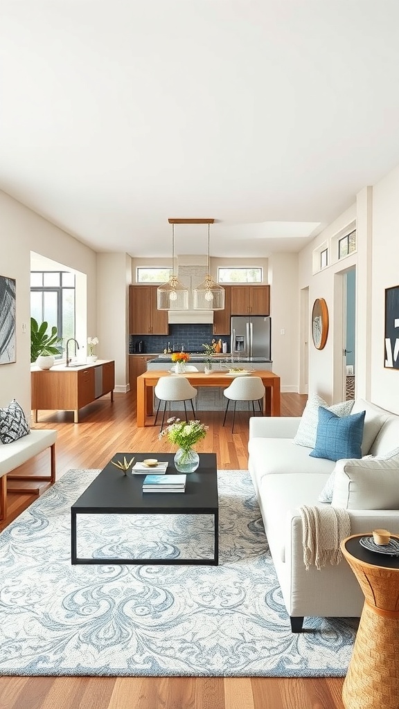 A modern open-concept living space featuring a cozy sofa, a sleek coffee table, and a dining area with wooden accents.