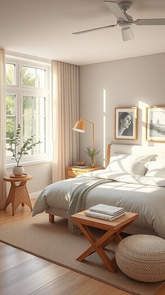 A cozy bedroom featuring a wooden bed, warm lighting, and soft textures, creating a cohesive and elegant theme.