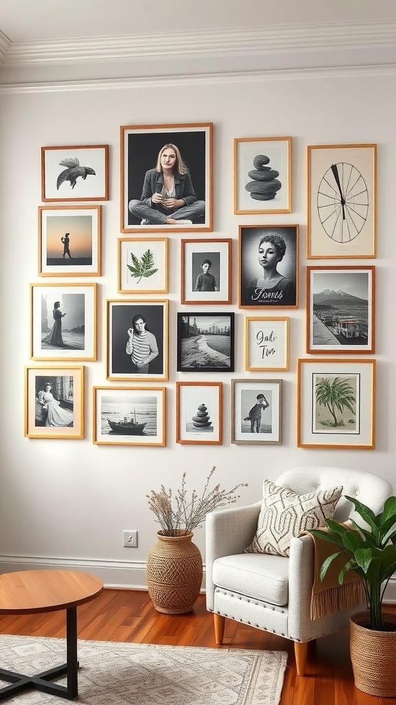 A gallery wall featuring various framed artworks with a cohesive theme, including portraits, nature, and abstract designs.