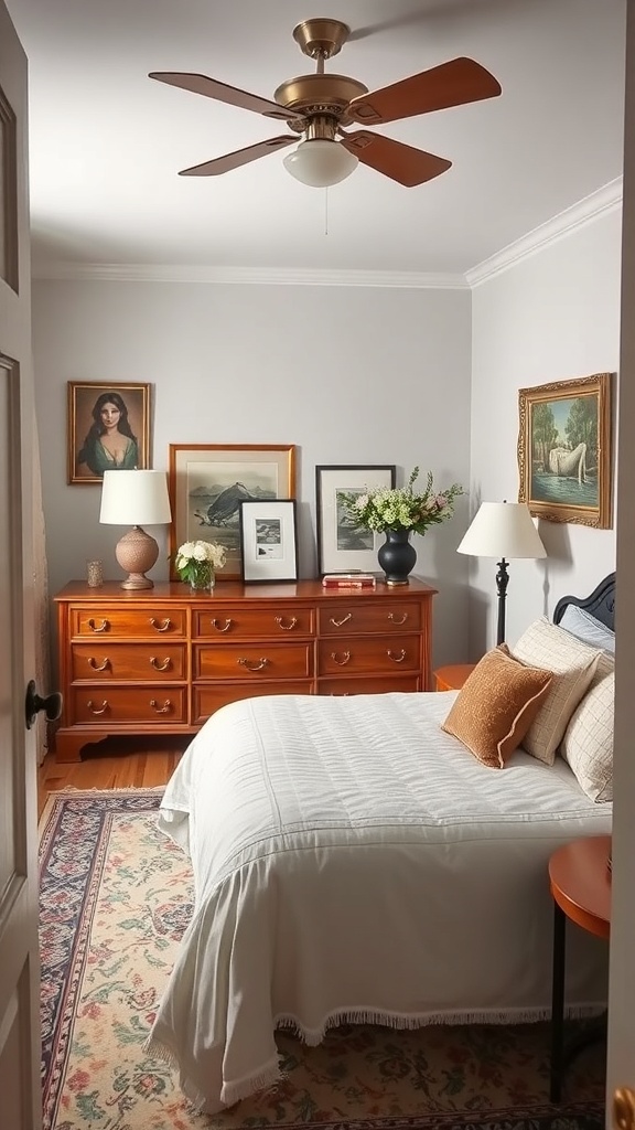 A cozy vintage-style bedroom with wooden furniture, framed art, and soft bedding.