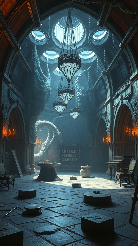 A mystical room with chandeliers and intricate stonework, creating an inviting atmosphere.