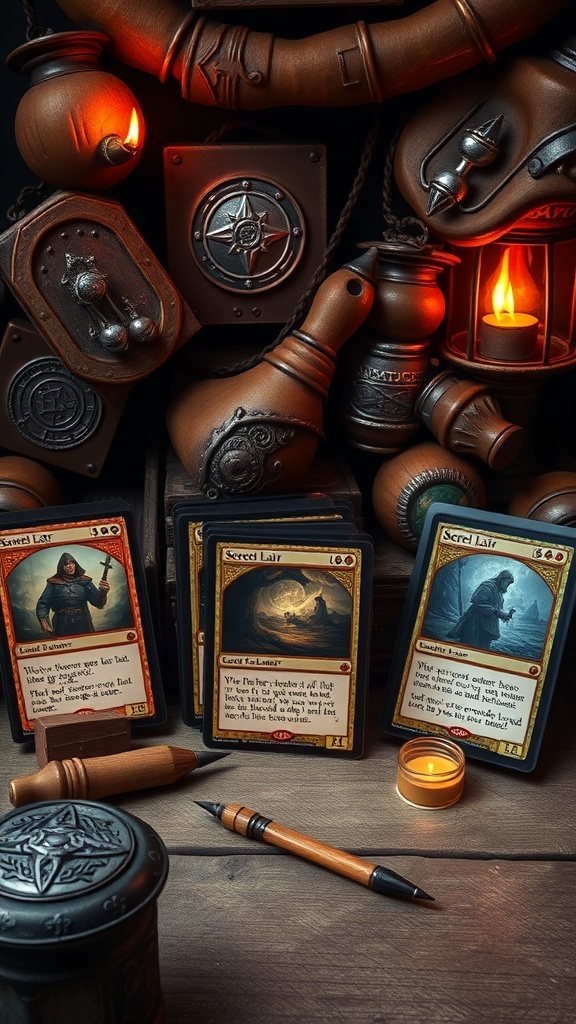 A collection of Magic: The Gathering Secret Lair cards displayed with vintage items and warm lighting.