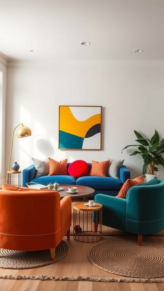 A cozy living room featuring color-blocked furniture with a teal sofa and orange chair, surrounded by neutral walls and woven rugs.