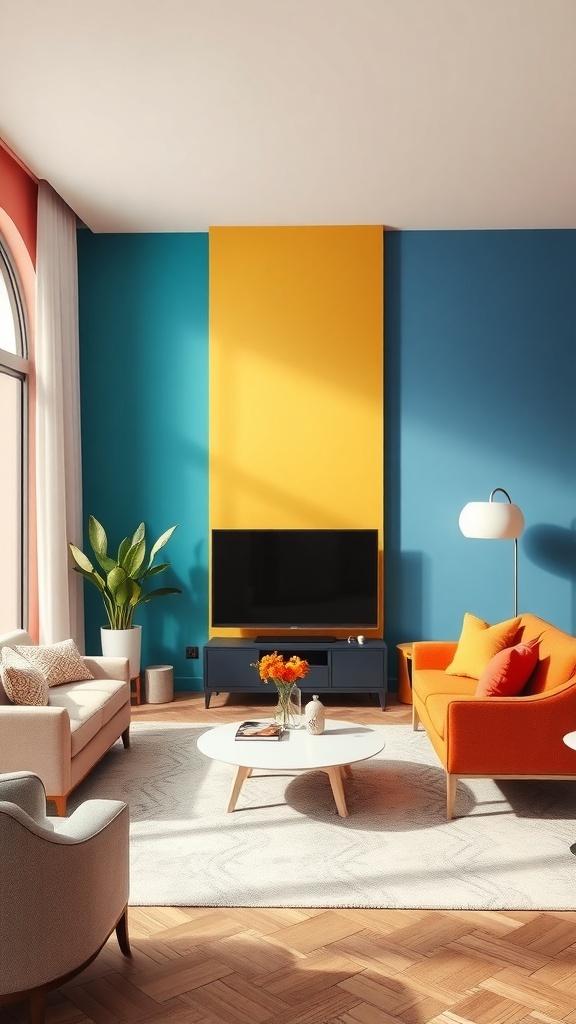 A modern living room with color-blocked walls featuring teal and yellow, complemented by orange furniture.