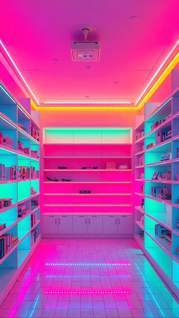 A colorful room with shelves illuminated by pink and teal color-changing LED strips.