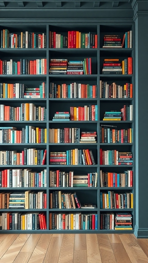A bookshelf with color-coded book arrangements, featuring books in various colors against a dark blue background.