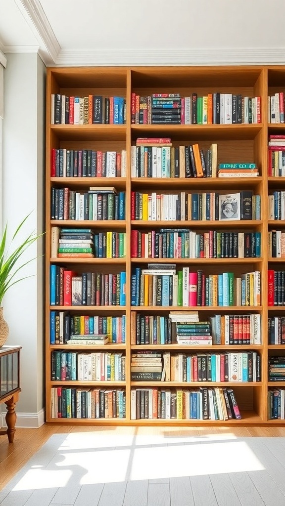 Color-coded bookshelf with books arranged by color, showcasing a vibrant and organized collection.