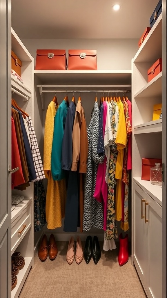 A well-organized closet with color-coded clothing and stylish accessories.