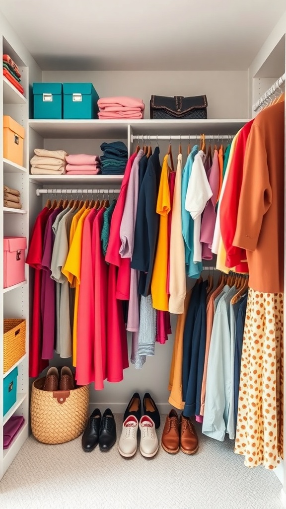 A neatly organized closet with color-coded clothing and accessories.
