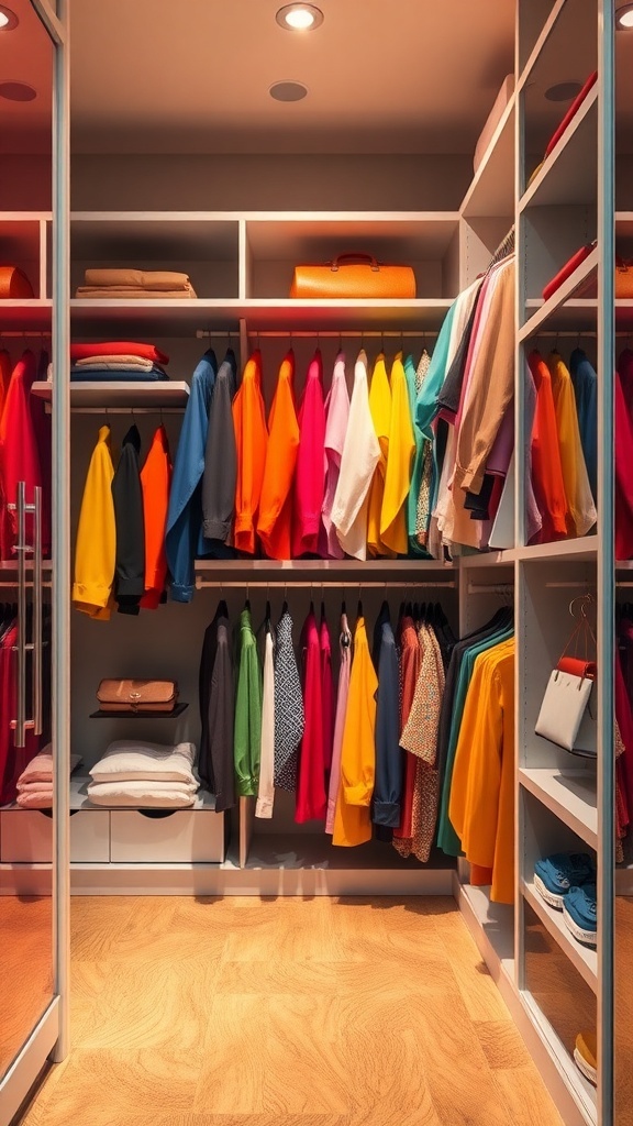 A colorful walk-in closet organized by color, showcasing a variety of clothing items.