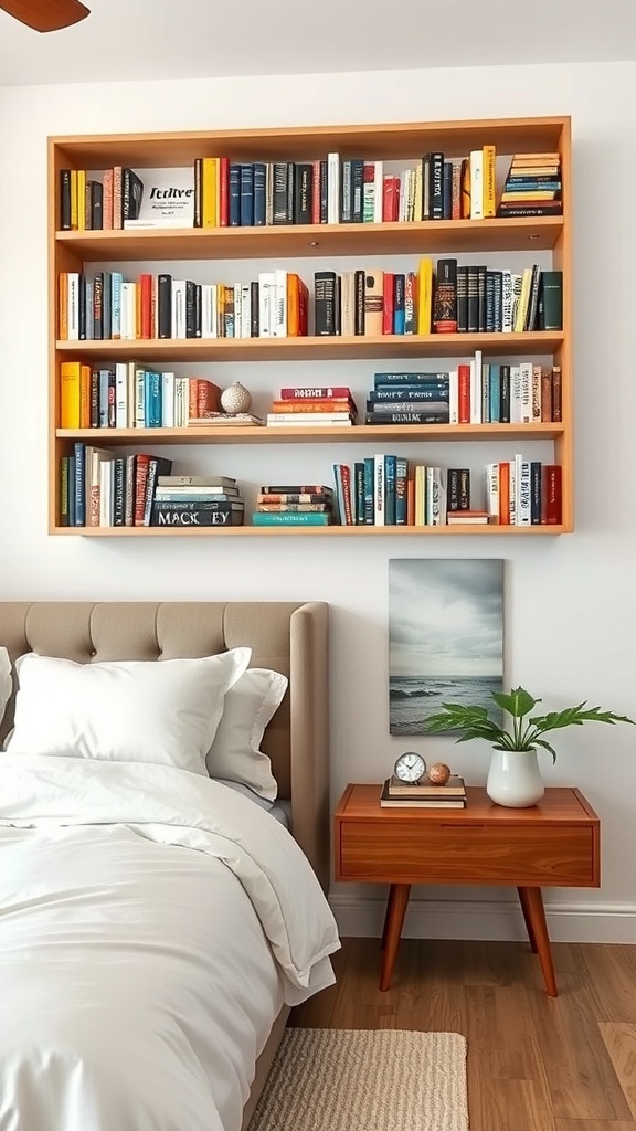 A cozy bedroom featuring a color-coordinated bookshelf above a bed, showcasing a variety of books arranged by color.