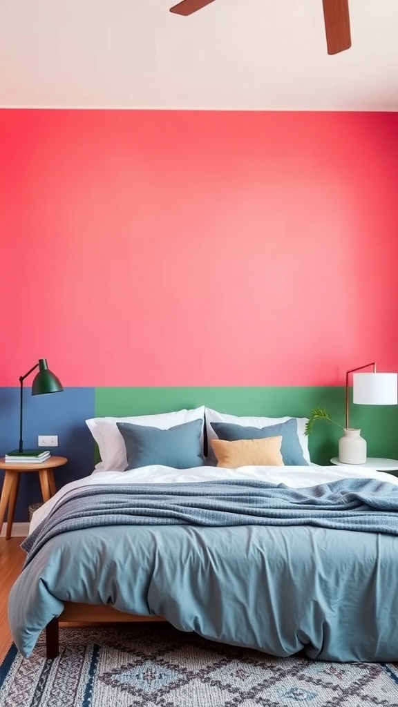 A bedroom with a color blocked accent wall featuring pink, green, and blue sections.