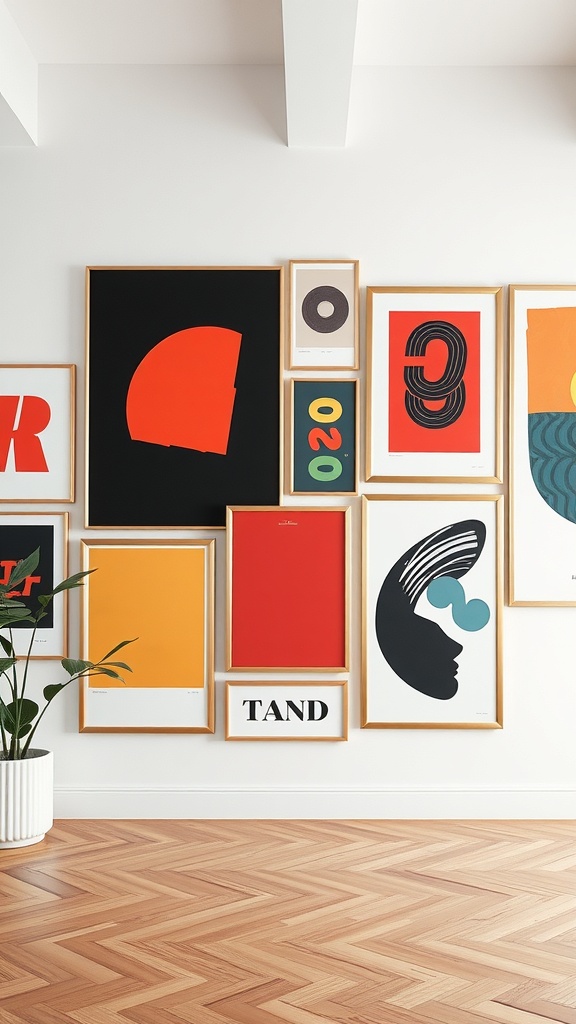 A gallery wall featuring colorful art pieces in various frames.